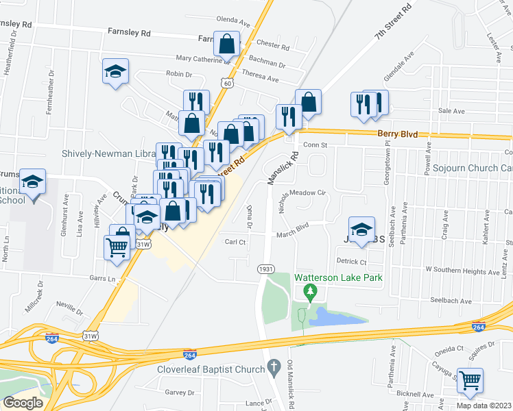 map of restaurants, bars, coffee shops, grocery stores, and more near 3645 Dena Drive in Louisville