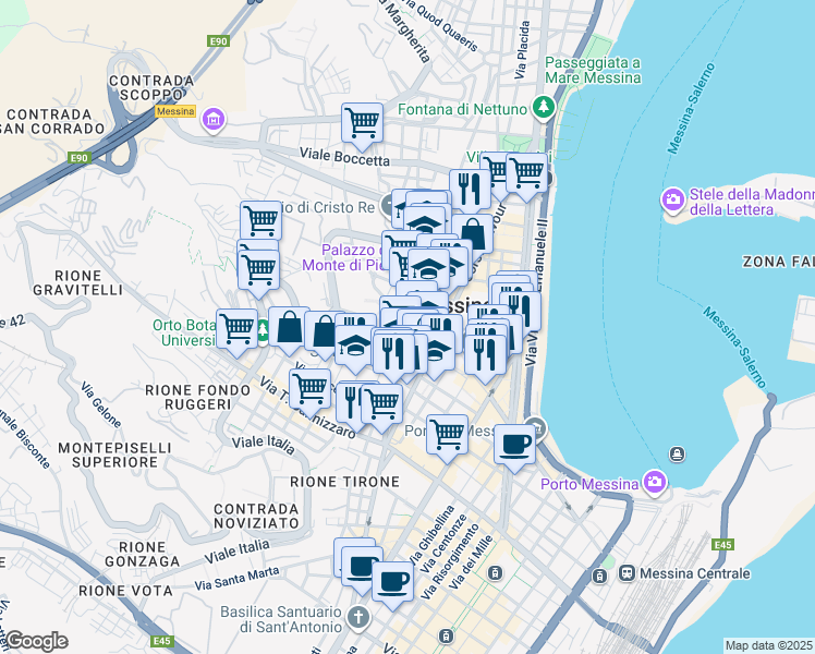 map of restaurants, bars, coffee shops, grocery stores, and more near 107 Via XXIV Maggio in Messina