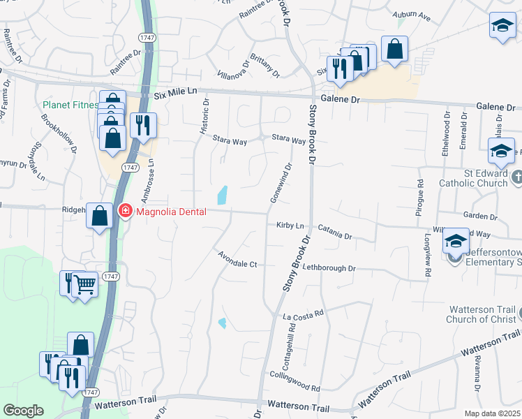 map of restaurants, bars, coffee shops, grocery stores, and more near 8823 Tranquil Valley Lane in Louisville