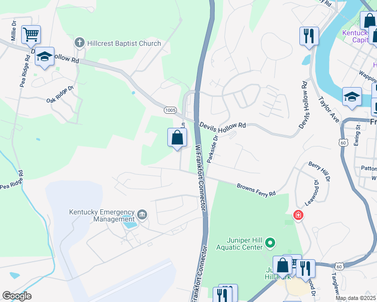 map of restaurants, bars, coffee shops, grocery stores, and more near 1010 Manor Drive in Frankfort