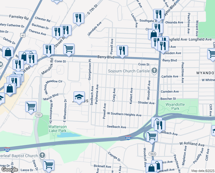 map of restaurants, bars, coffee shops, grocery stores, and more near 3645 Powell Avenue in Louisville