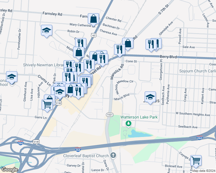 map of restaurants, bars, coffee shops, grocery stores, and more near 3645 Dena Drive in Louisville