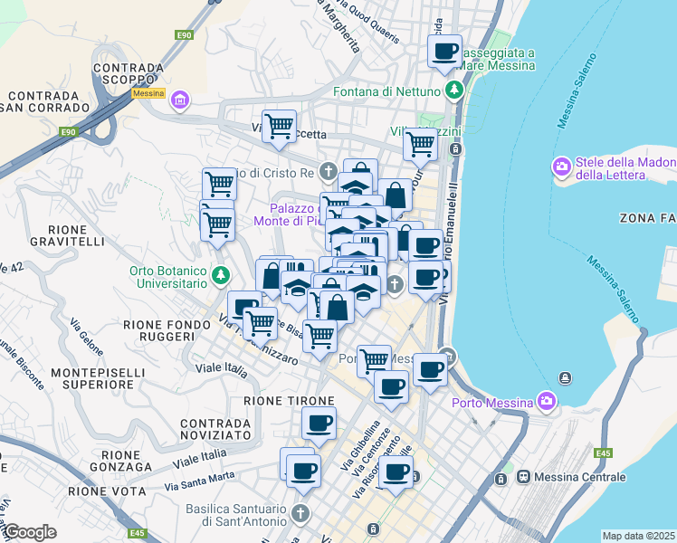 map of restaurants, bars, coffee shops, grocery stores, and more near 107 Via XXIV Maggio in Messina