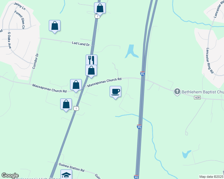 map of restaurants, bars, coffee shops, grocery stores, and more near 4916 Massaponax Church Road in Fredericksburg