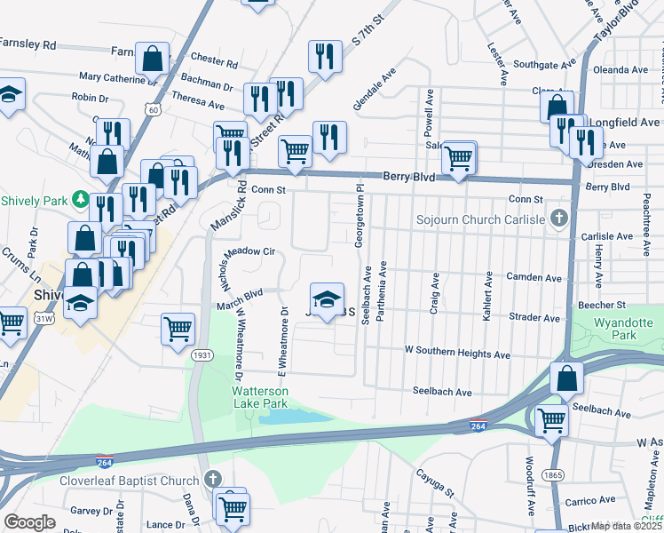 map of restaurants, bars, coffee shops, grocery stores, and more near 2302 Nichols View Court in Louisville