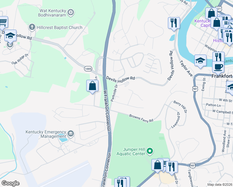 map of restaurants, bars, coffee shops, grocery stores, and more near 514 Parkside Drive in Frankfort