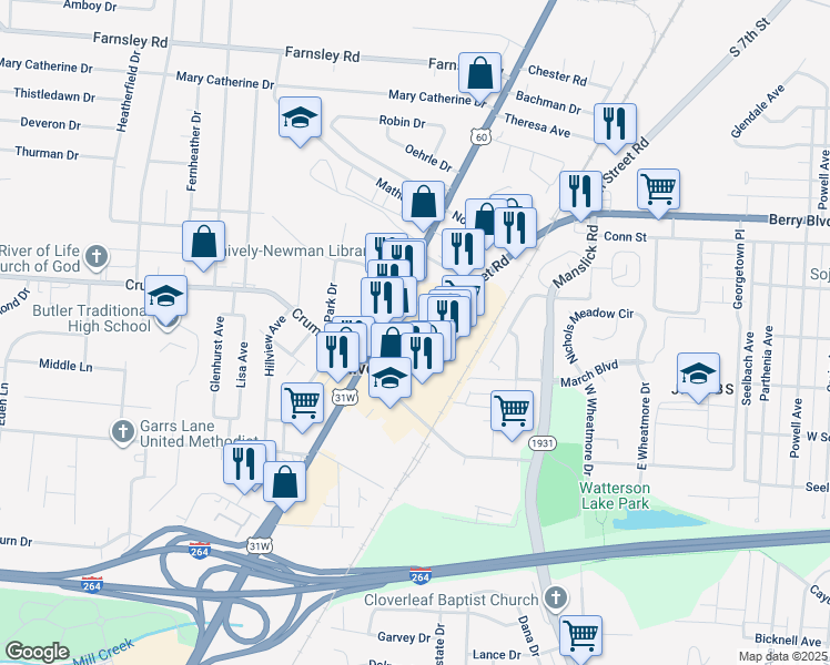 map of restaurants, bars, coffee shops, grocery stores, and more near 3967 7th Street Road in Louisville