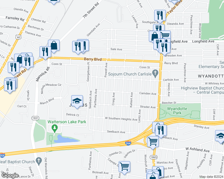 map of restaurants, bars, coffee shops, grocery stores, and more near 3636 Craig Avenue in Louisville