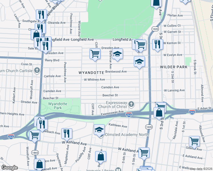 map of restaurants, bars, coffee shops, grocery stores, and more near 801 Camden Avenue in Louisville
