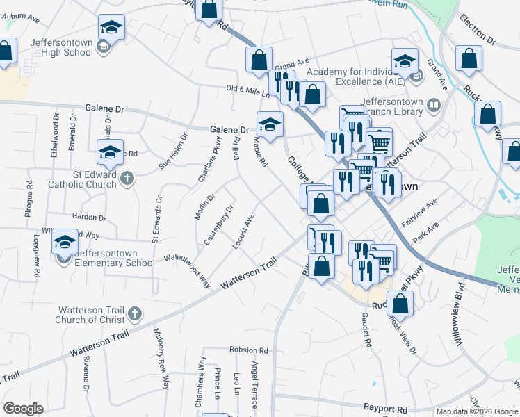 map of restaurants, bars, coffee shops, grocery stores, and more near 3600 Locust Avenue in Jeffersontown