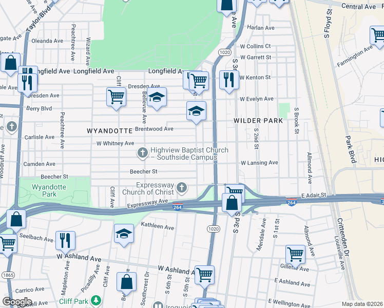 map of restaurants, bars, coffee shops, grocery stores, and more near 505 Camden Avenue in Louisville