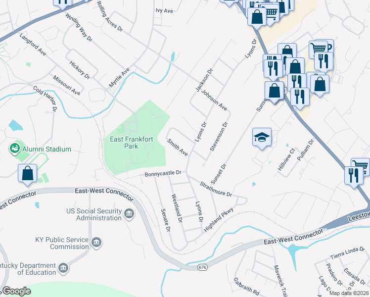 map of restaurants, bars, coffee shops, grocery stores, and more near 271 Smith Avenue in Frankfort
