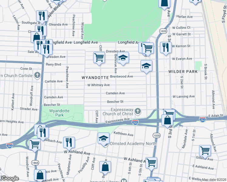 map of restaurants, bars, coffee shops, grocery stores, and more near 801 Camden Avenue in Louisville