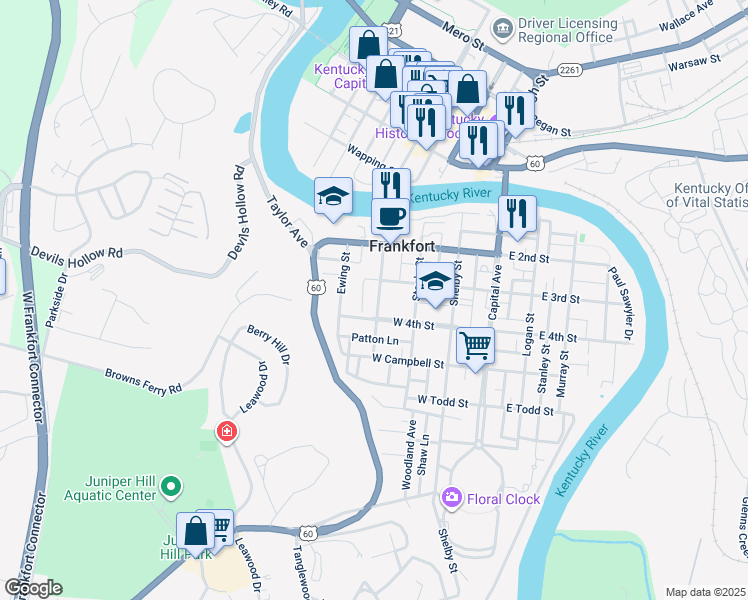 map of restaurants, bars, coffee shops, grocery stores, and more near 319 Conway Street in Frankfort