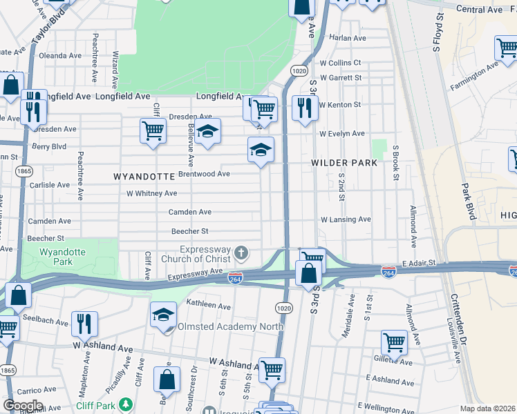 map of restaurants, bars, coffee shops, grocery stores, and more near 502 Camden Avenue in Louisville