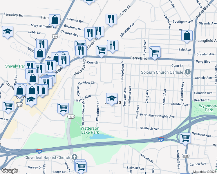 map of restaurants, bars, coffee shops, grocery stores, and more near 2406 Nichols View Court in Louisville