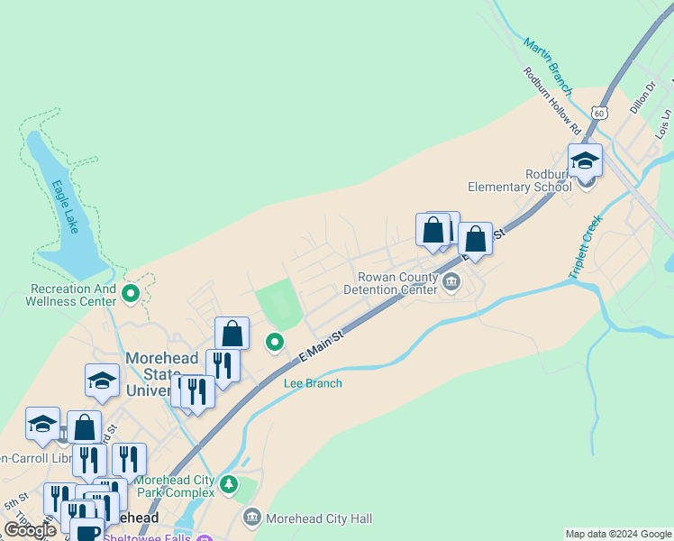 map of restaurants, bars, coffee shops, grocery stores, and more near 942 Christian Street in Morehead