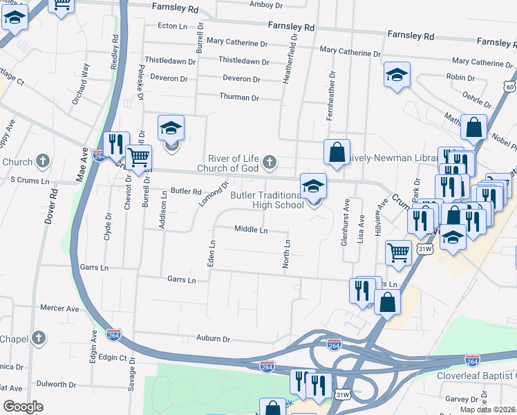 map of restaurants, bars, coffee shops, grocery stores, and more near 2123 East Lane in Louisville