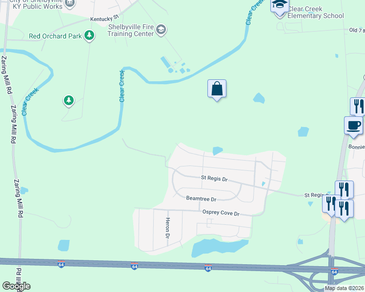 map of restaurants, bars, coffee shops, grocery stores, and more near 5080 Tealwood Drive in Shelbyville