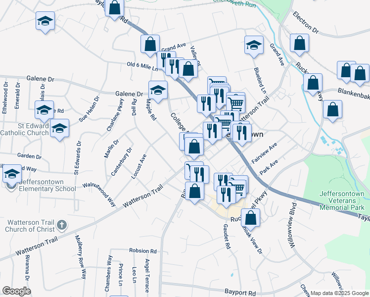map of restaurants, bars, coffee shops, grocery stores, and more near 3519 Maple Road in Louisville