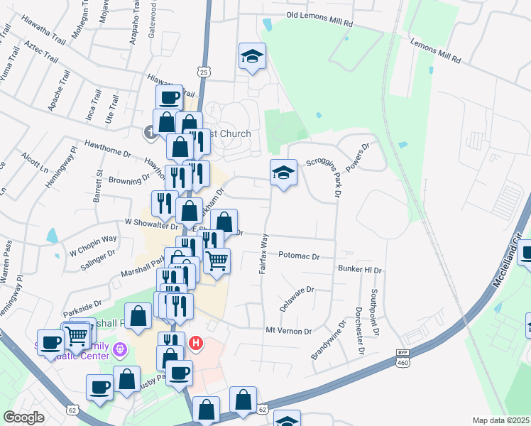 map of restaurants, bars, coffee shops, grocery stores, and more near 162 Fairfax Way in Georgetown