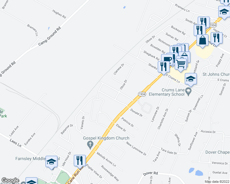 map of restaurants, bars, coffee shops, grocery stores, and more near 3404 Clarinet Drive in Louisville