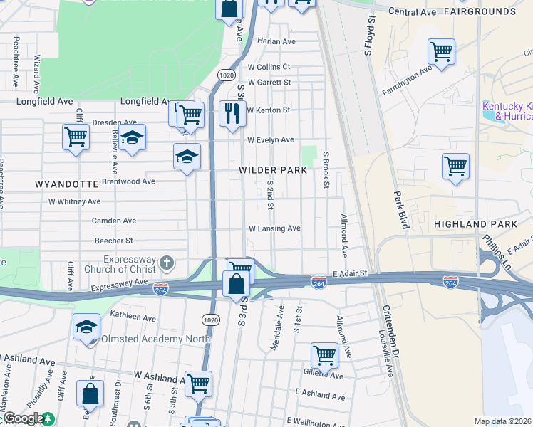 map of restaurants, bars, coffee shops, grocery stores, and more near 4308 South 2nd Street in Louisville