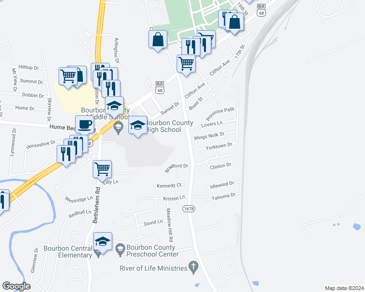 map of restaurants, bars, coffee shops, grocery stores, and more near 117 Bradford Drive in Paris