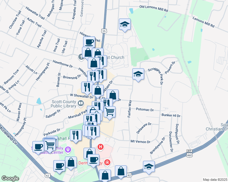 map of restaurants, bars, coffee shops, grocery stores, and more near 121 East Showalter Drive in Georgetown