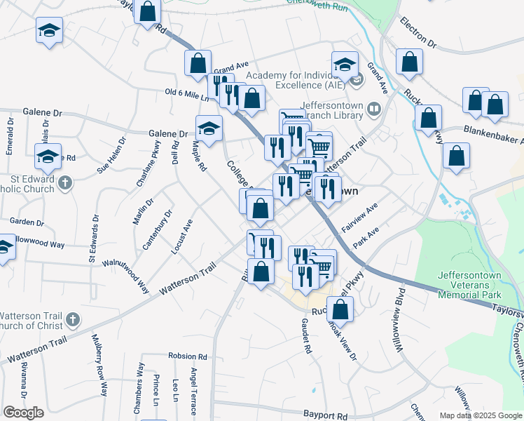 map of restaurants, bars, coffee shops, grocery stores, and more near 10321 Watterson Trail in Louisville