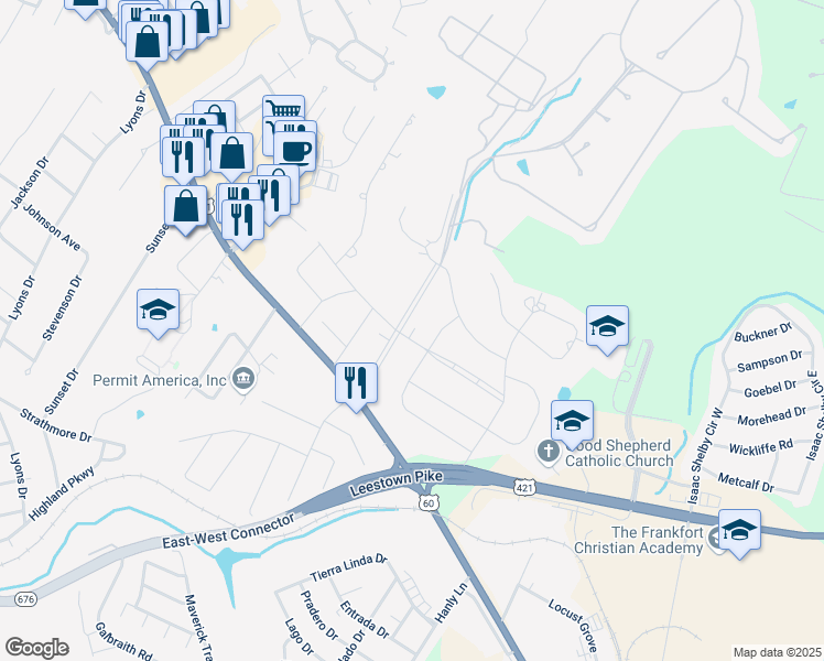 map of restaurants, bars, coffee shops, grocery stores, and more near 139 Country Lane in Frankfort