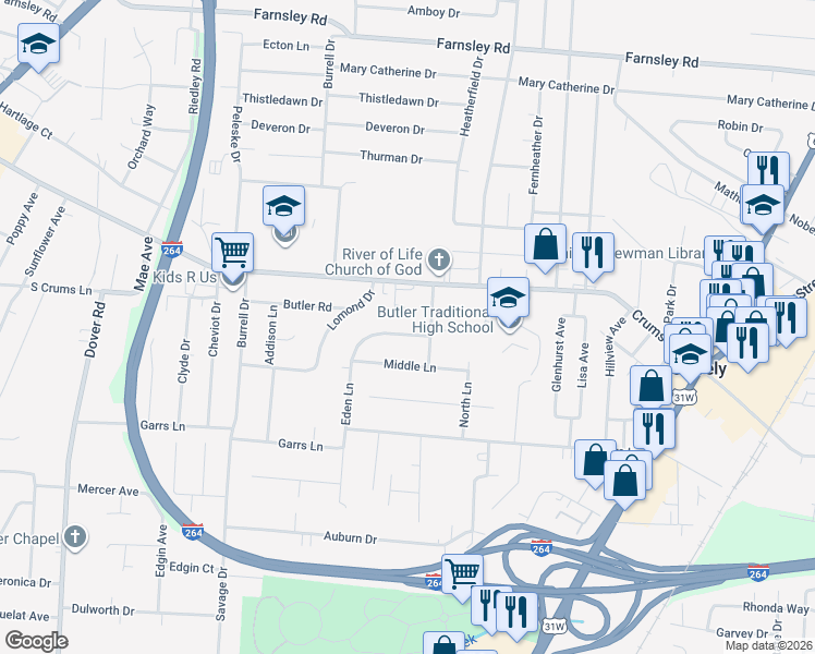 map of restaurants, bars, coffee shops, grocery stores, and more near 2123 East Lane in Louisville