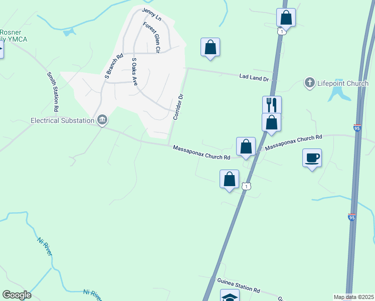 map of restaurants, bars, coffee shops, grocery stores, and more near 5212 Massaponax Church Road in Fredericksburg