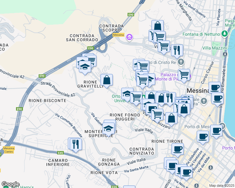 map of restaurants, bars, coffee shops, grocery stores, and more near 60 Via Pietro Castelli in Messina