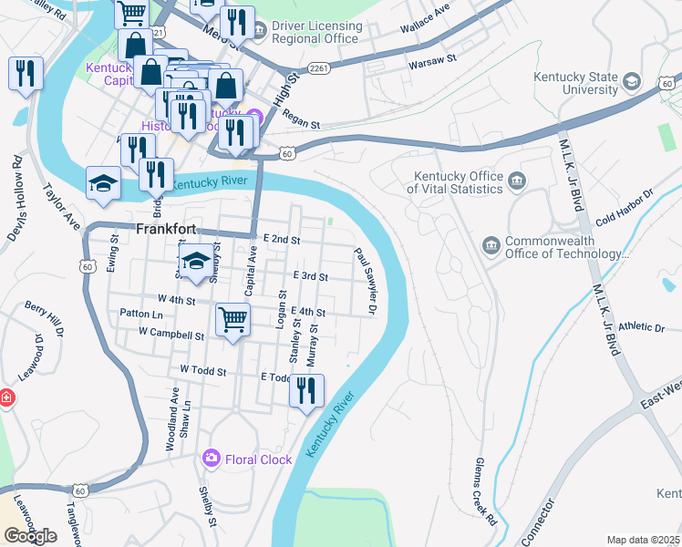 map of restaurants, bars, coffee shops, grocery stores, and more near 300 Hermitage Drive in Frankfort