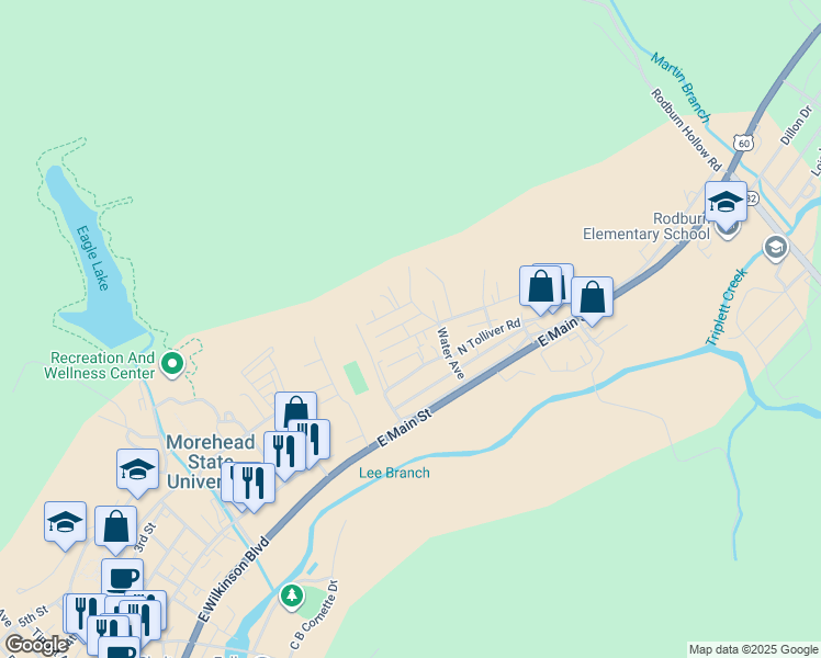 map of restaurants, bars, coffee shops, grocery stores, and more near 942 Christian Street in Morehead