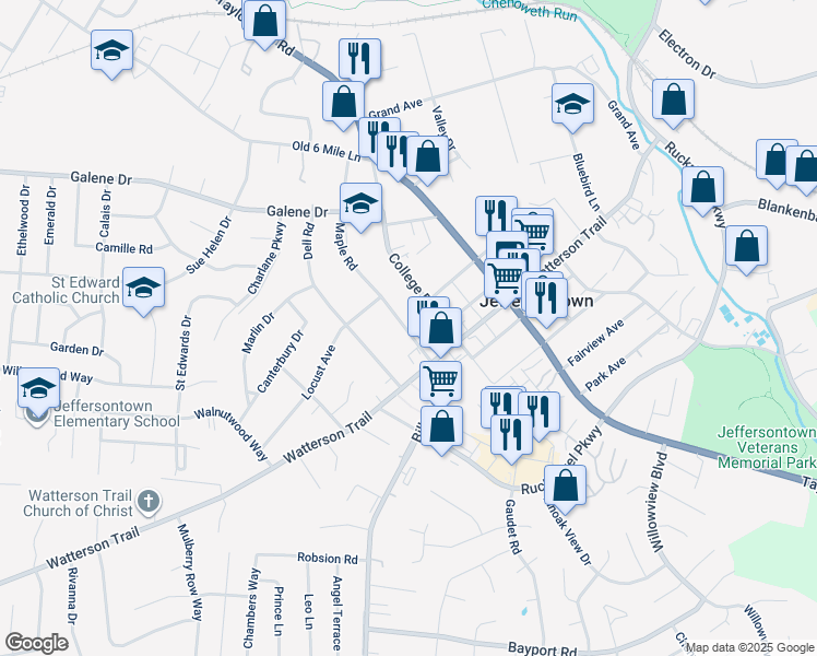 map of restaurants, bars, coffee shops, grocery stores, and more near 3519 Maple Road in Louisville