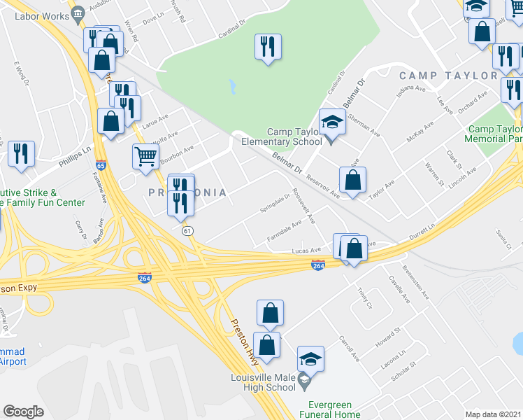 map of restaurants, bars, coffee shops, grocery stores, and more near 1270 Springdale Drive in Louisville