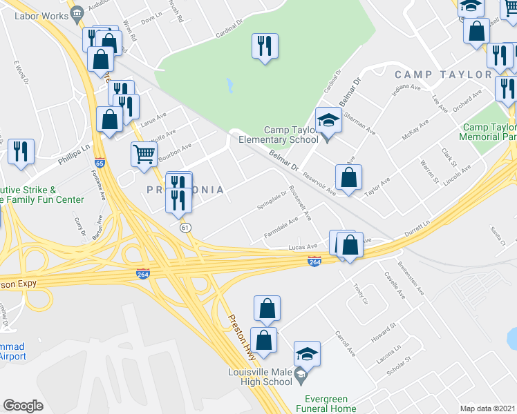 map of restaurants, bars, coffee shops, grocery stores, and more near Springdale Drive in Louisville