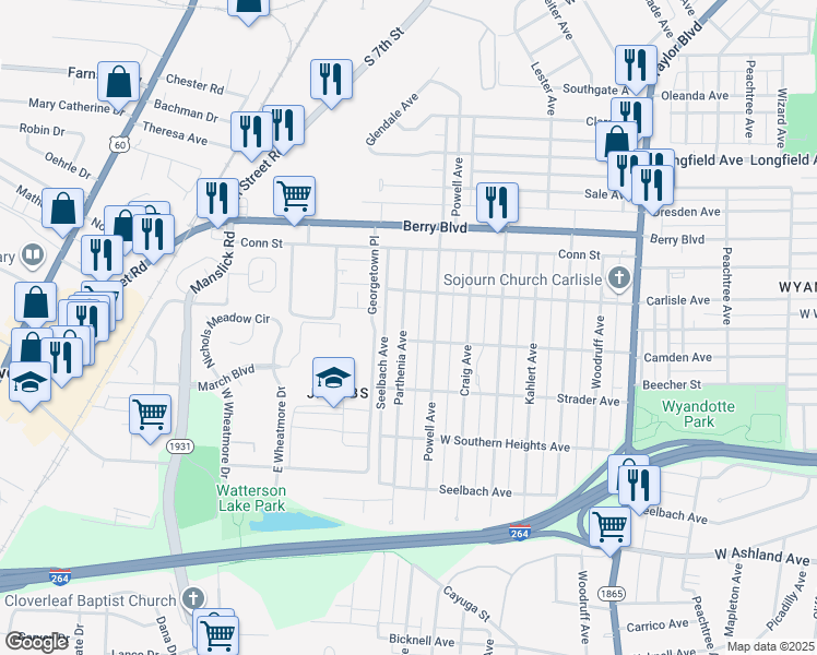 map of restaurants, bars, coffee shops, grocery stores, and more near 3642 Parthenia Avenue in Louisville