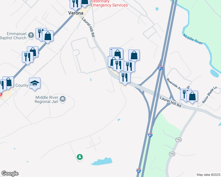 map of restaurants, bars, coffee shops, grocery stores, and more near 39 Adams Lane in Verona