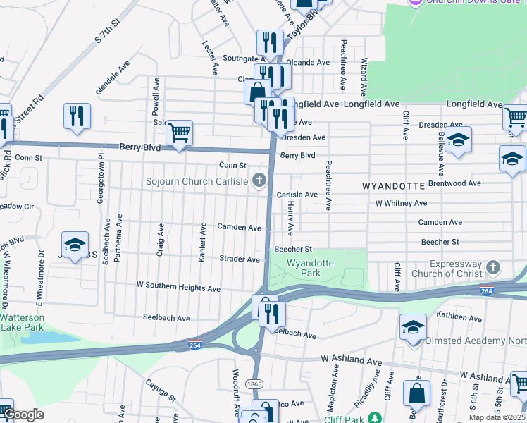map of restaurants, bars, coffee shops, grocery stores, and more near 3618 Taylor Boulevard in Louisville