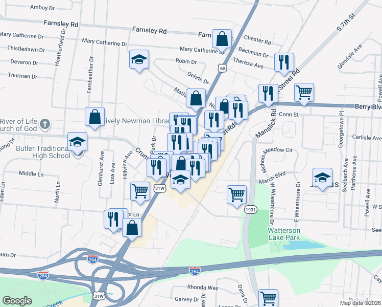 map of restaurants, bars, coffee shops, grocery stores, and more near 3967 7th Street Road in Louisville