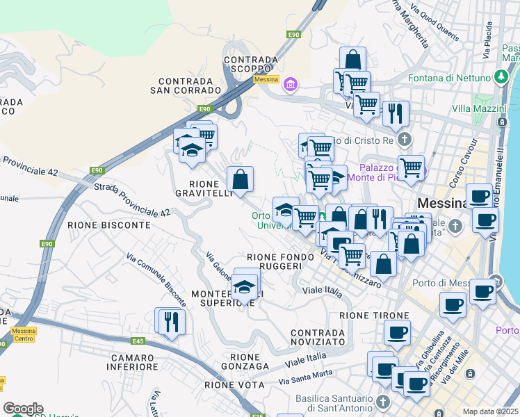 map of restaurants, bars, coffee shops, grocery stores, and more near 60 Via Pietro Castelli in Messina