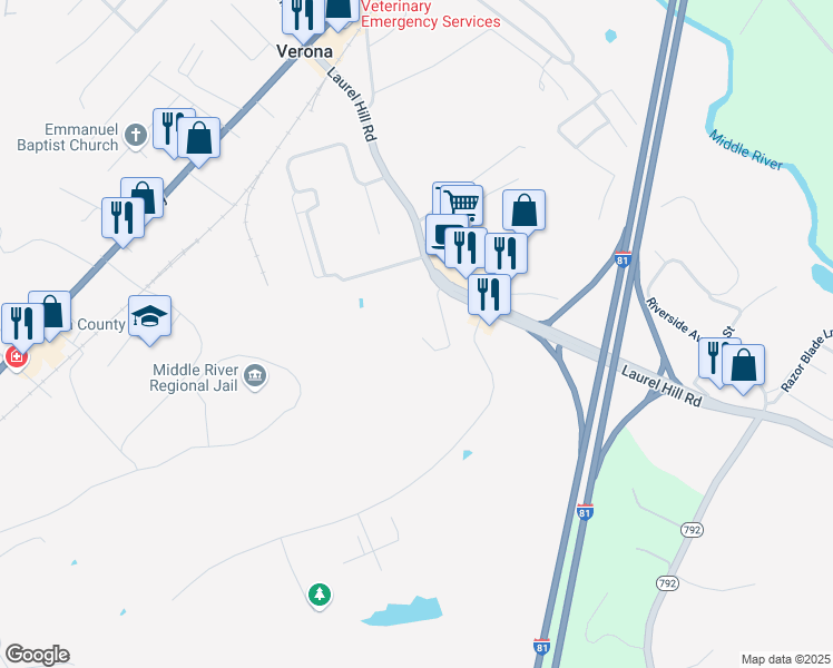 map of restaurants, bars, coffee shops, grocery stores, and more near 49 Adams Lane in Verona