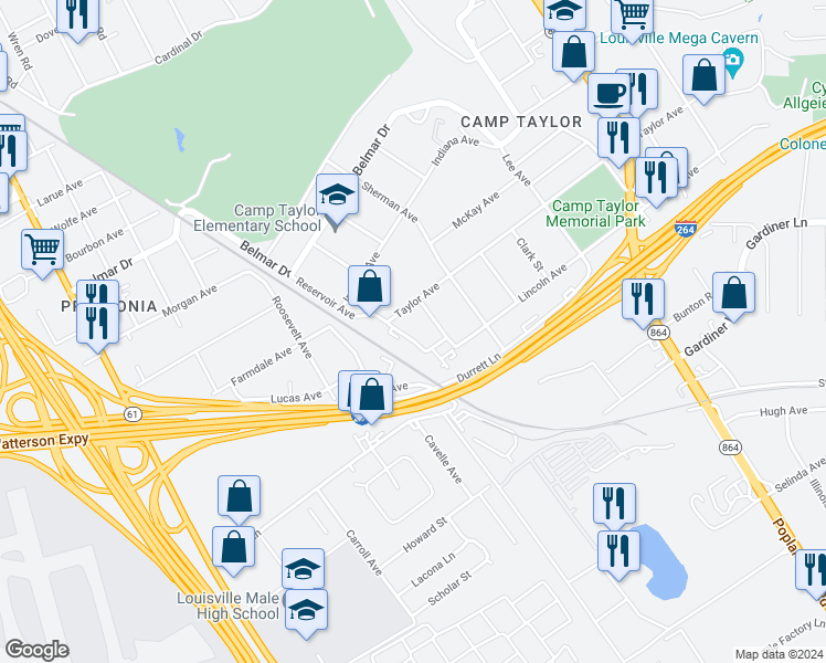 map of restaurants, bars, coffee shops, grocery stores, and more near 4207 Reservoir Avenue in Louisville