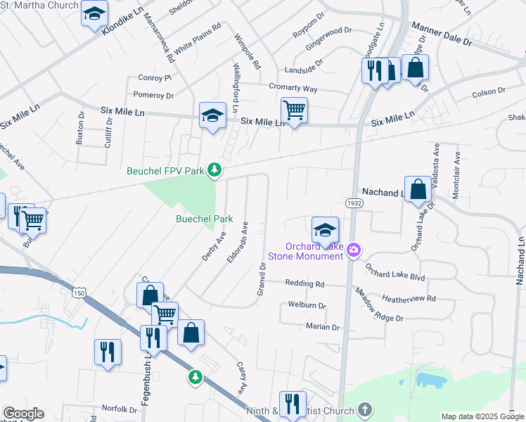 map of restaurants, bars, coffee shops, grocery stores, and more near 276 Granvil Drive in Louisville