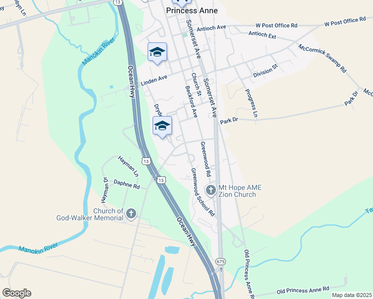 map of restaurants, bars, coffee shops, grocery stores, and more near 11366 Greenwood School Road in Princess Anne