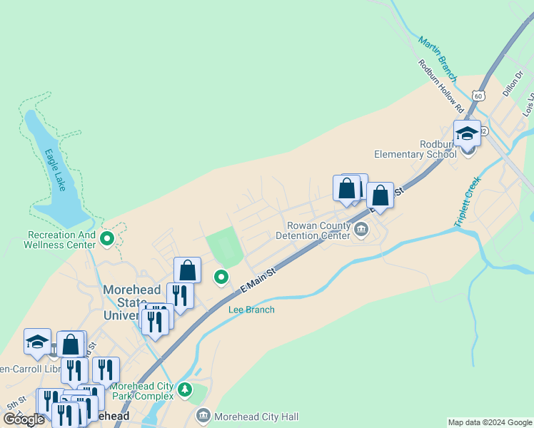 map of restaurants, bars, coffee shops, grocery stores, and more near 942 Christian Street in Morehead
