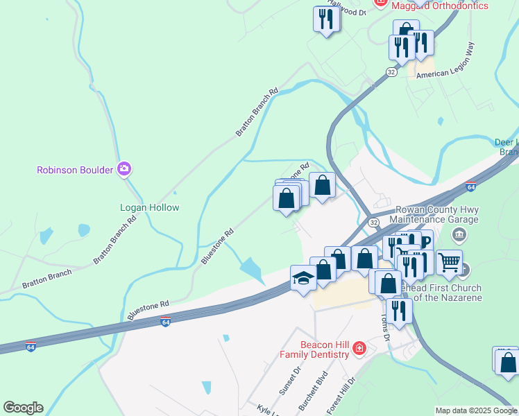 map of restaurants, bars, coffee shops, grocery stores, and more near 280 Kroger Center Drive in Morehead